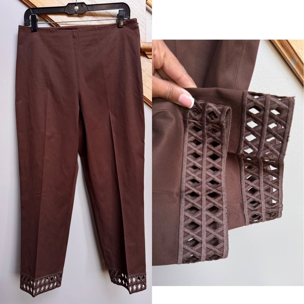 Jones New York Signature Brown Lattice Hem Cropped Stretch Pants Womens Size 8